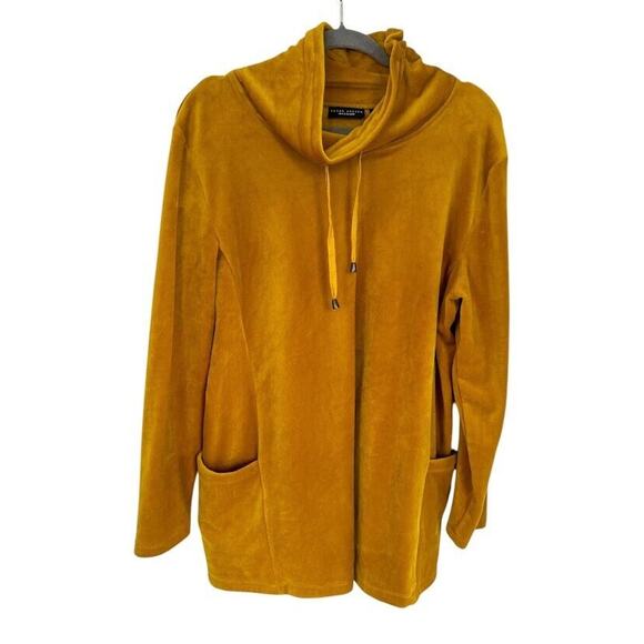Susan Graver Weekend Large Mustard Yellow Velour Drawstring Cowl Neck Top Tunic - Picture 1 of 6